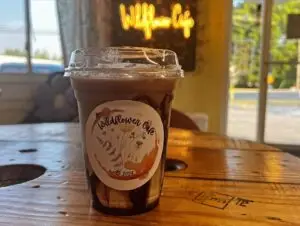 Coffee on a table at Wildflower Cafe