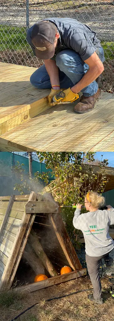 Two photos of volunteers working on Enoch's new habitat